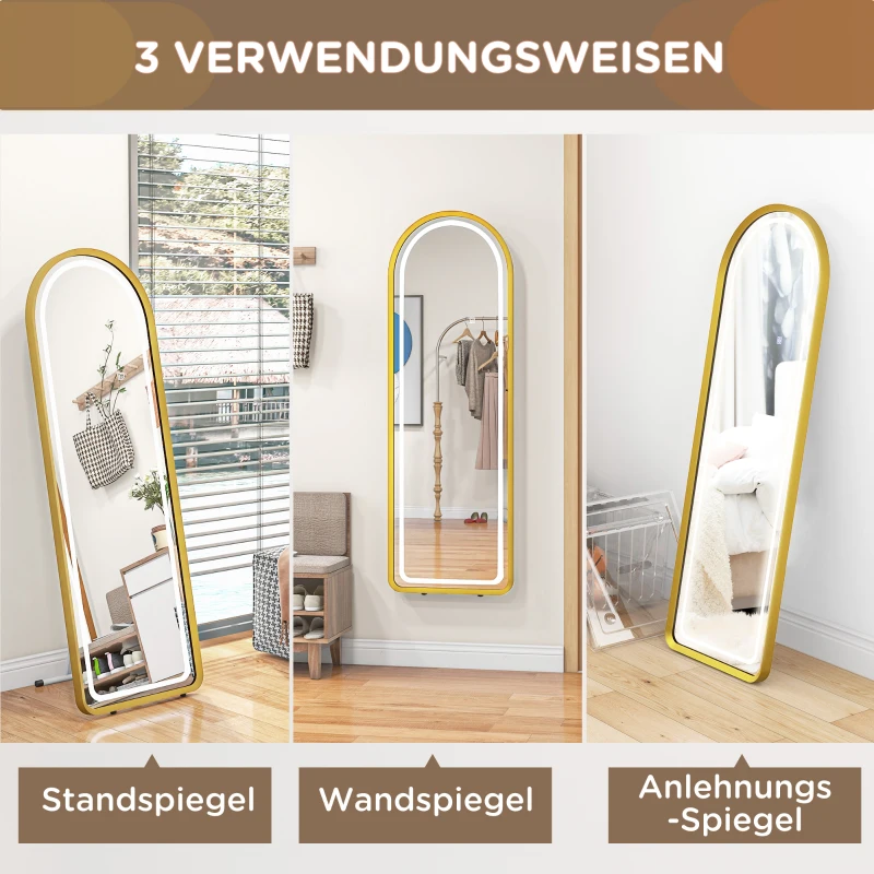 HOMCOM Arched Full Length Mirror with LED Lights, 152 x 50cm Floor Mirror, Free Standing, Wall Mount or Leaning, Dimmable Full Body Mirror with 3 Colour Lighting, Memory Function for Bedroom, Plug-in