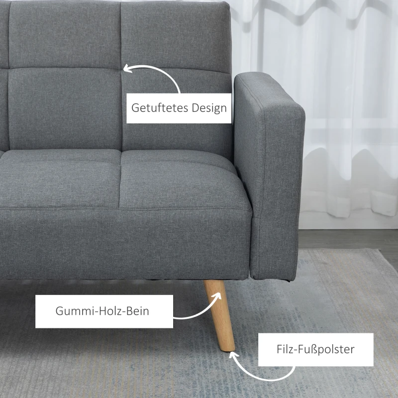 HOMCOM Sofa 2 w 1 z funkcją spania 205 x 88 cm, Kanapa z poduszkami, Wygląd lnu - Szara