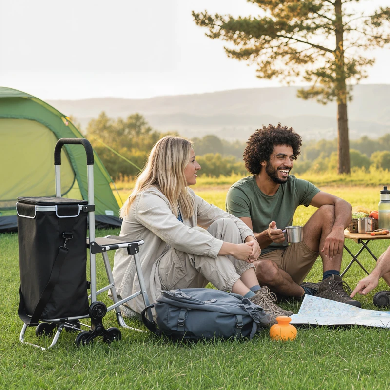 HOMCOM Shopping Trolley with Foldable Seat, 3-in-1 Shopping Cart with 40L Removable Bag and Adjustable Handle, Utility Trolley with Cooler Compartment and Aluminium Frame for Groceries, Black