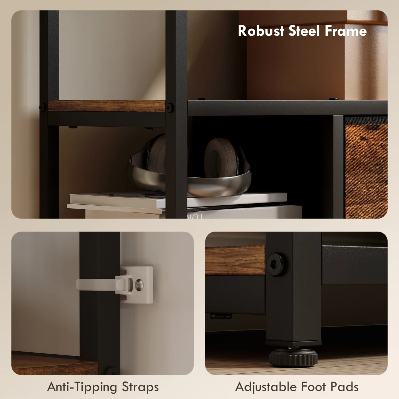 HOMCOM Regał z 2 szufladami z tkaniny i 9 otwartymi przegródkami, industrialny regał kuchenny ze stalową ramą, regał do przechowywania do biura, salonu, sypialni, 72,5x30x150 cm, Rustykalny Brąz