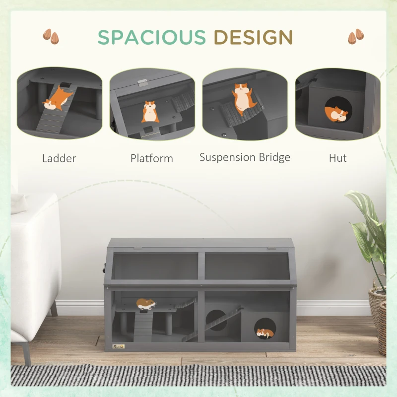 PawHut Klatka dla chomika, klatka dla małych zwierząt z wiszącym mostkiem, drabinkami, chatką, górnymi drzwiami, klatka dla gryzoni dla chomików, chomików karłowatych, 85x45x44 cm, ciemnoszara