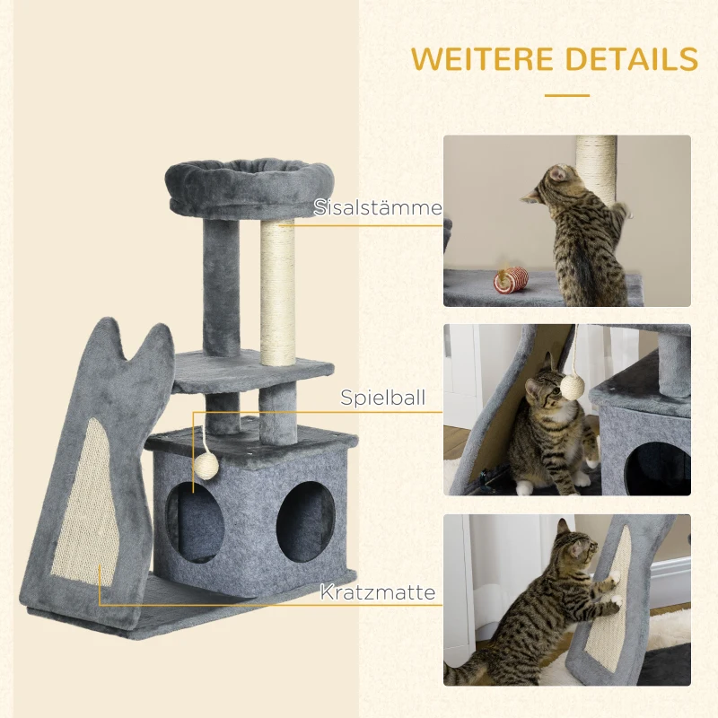 PawHut Drapak 83W cm Drapak dla kotów z deską do drapania i kocim domkiem Drzewko do wspinaczki z platformami Deską do drapania z sizalem Zabawką do zabawy Piłką do gry Dla kota Plush Szary + Kremowy