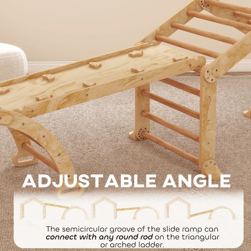 AIYAPLAY 9-w-1 Montessori zestaw do wspinaczki wewnętrznej, drewniane kąty wspinaczkowe z zjeżdżalnią, łukiem, rampą, placem zabaw z tablicą, dla dzieci w wieku 1,5-4 lat