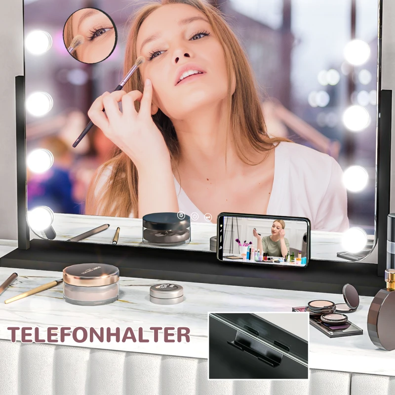 HOMCOM Hollywood Lustro z Oświetleniem, Lustro do Makijażu z 14 Lampami LED, 3 Kolory Światła, Kosmetyczne z 10x Powiększeniem, Port USB, Uchwyt na Telefon, Dotykowe, Obracane o 360°