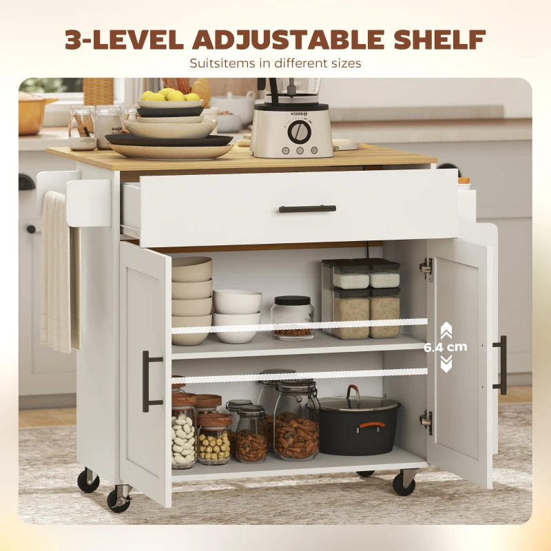 HOMCOM Wyspa Kuchenna na Kółkach z Składanym Blatem, Szafka Kuchenna z Szufladą, Półką na Przyprawy, Półką, Wieszakiem na Ręcznik, Wózek Serwisowy, Wózek na Kółkach do Kuchni i Jadalni 120x68x85cm Biały