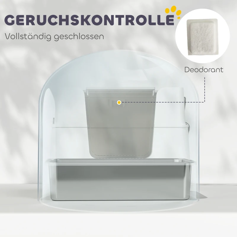 Kuweta dla Kota PawHut ze Stali Nierdzewnej z Pokrywą XL, z Łopatką, Pedalem, Łatwa w Czyszczeniu, Odporna na Zapachy, dla Dużych Kotów do 15 kg, 60,2 x 40,2 x 44,5 cm, Jasnoszara