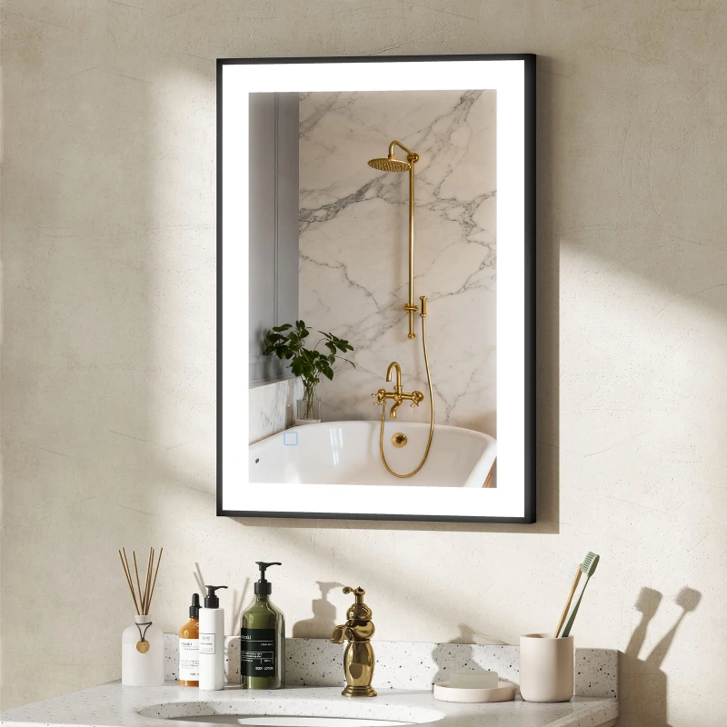 HOMCOM Espejo de Baño con Luz LED 70x50 cm con Iluminación Ajustable Función Antivaho Función de Memoria Negro