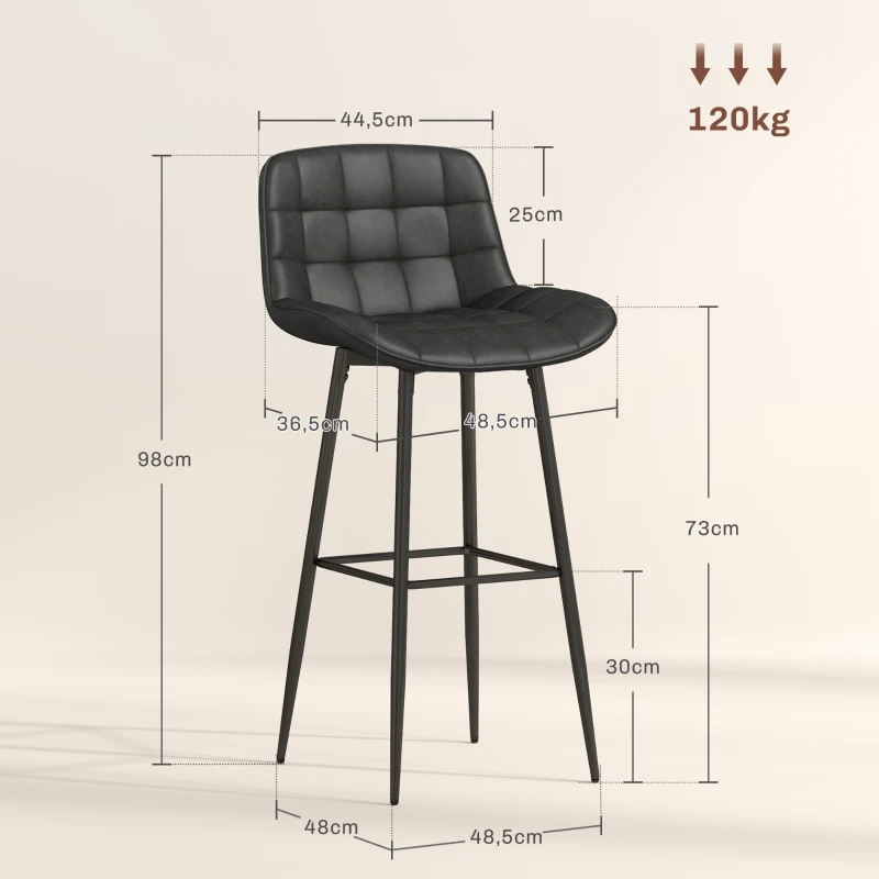 HOMCOM Adjustable Swivel Bar Stools Set of Two, Modern Breakfast Bar Chairs, Faux Leather Upholstered Kitchen Stools with Backs and Footrest, Charcoal Grey