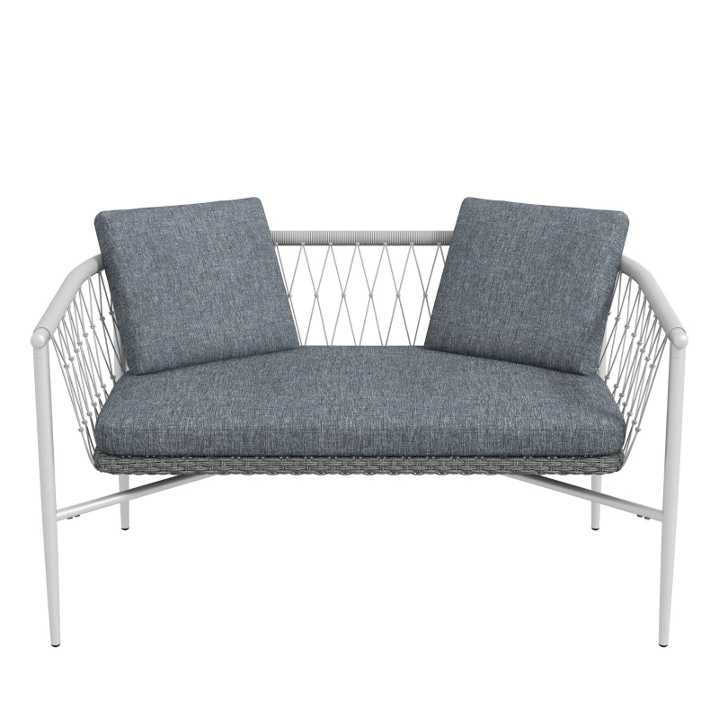 Outsunny 4 Pieces Patio Wicker Furniture Set with Cushions, Outdoor PE Rattan & Rope Woven Conversation Sofa Set with Rocking Function Seat, Glass Top Coffee Table, Grey