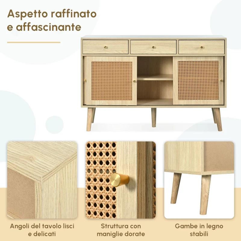 Credenza in Rattan, con 3 Cassetti e 3 Ante Scorrevoli per Cucina e Soggiorno, Maniglie in Metallo Doratoe Gambe in Legno, 120x40x78 cm, Colore Naturale