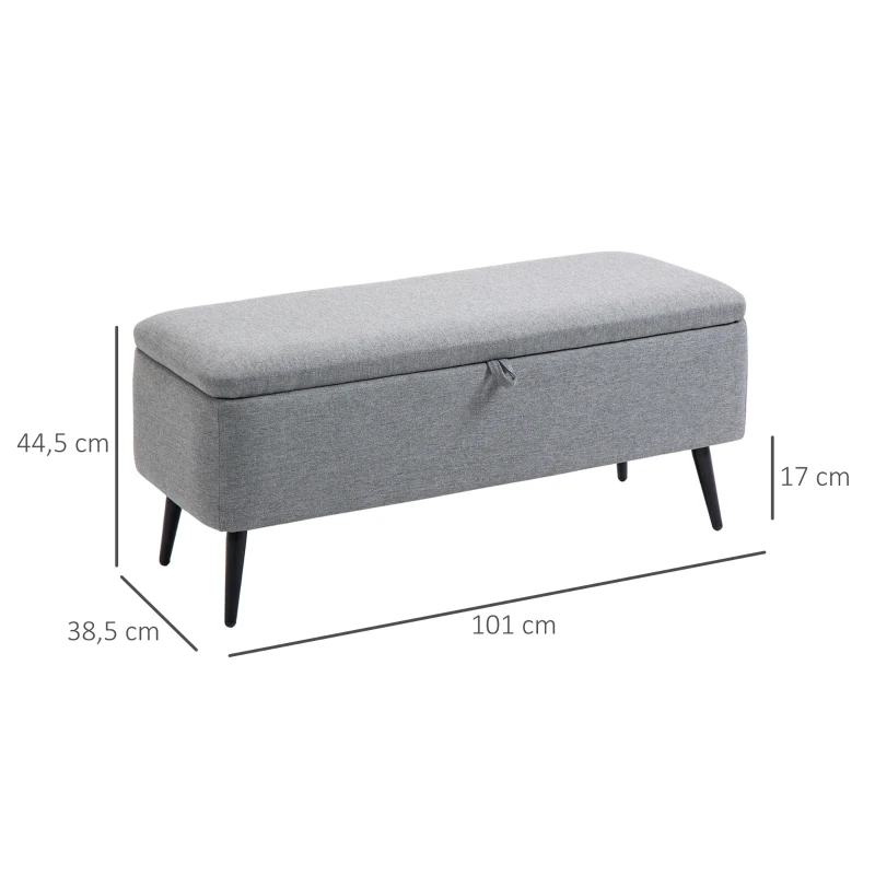 HOMCOM Ławka Tapicerowana ze Schowkiem, Lniana, Ławka z Nogami Stalowymi do Salonu, Przedpokoju, Sypialni, do 150 kg, 101 x 38,5 x 44,5 cm, Szara