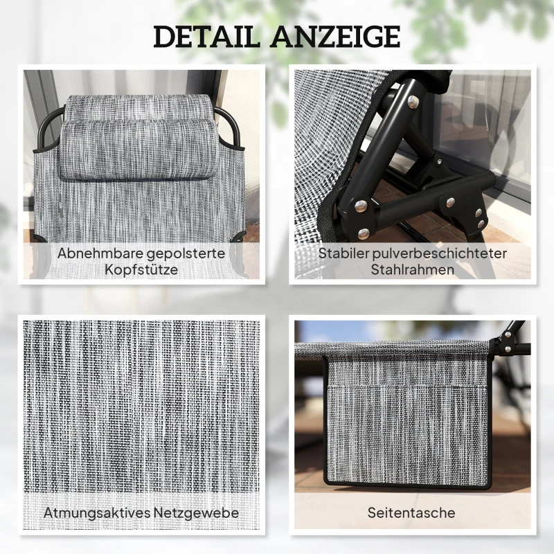 Łóżko polowe, campingowe z poduszką i kieszenią, szare