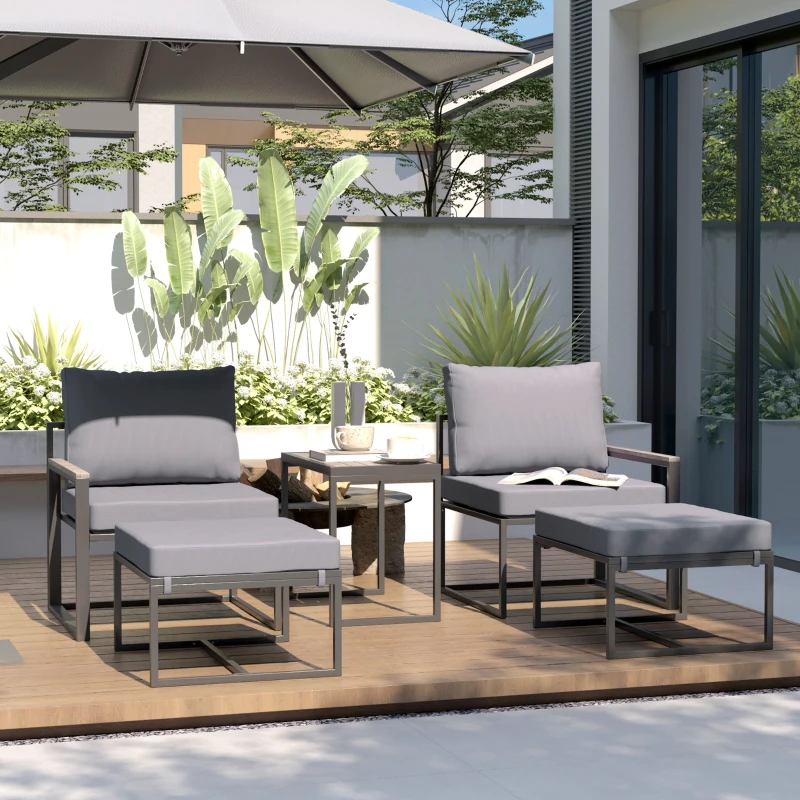 Zestaw mebli ogrodowych Outsunny dla 2 osób, stalowy, odporny na warunki pogodowe, z 2 fotelami, poduszkami i stolikiem pomocniczym, pufy, komplet do siedzenia na zewnątrz, meble tarasowe, idealne do ogrodu, tarasu i balkonu, szary