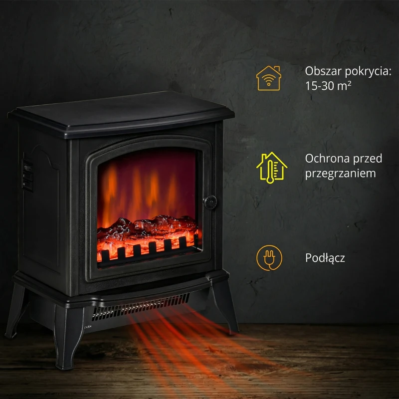 Kominek elektryczny, 2000W, efekt płomienia LED, czarny