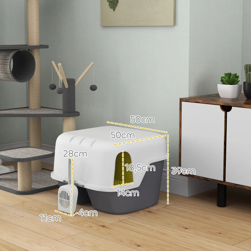 PawHut Cat Litter Box, Covered Litter Box with Lid, Scoop, Easy to Clean & Lockable Openable Cover, Kitty Litter Box for Indoor Cats, Cream White