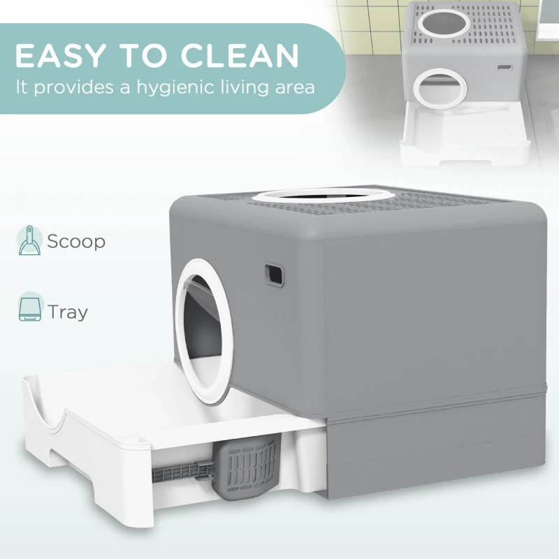 Kuweta PawHut dla Kotów z Pokrywą, Kuweta z Łopatką, 2 Wyjścia, Toaleta dla Kotów do 4 kg, Tworzywo Sztuczne, Szary, 52 x 41 x 38,5 cm