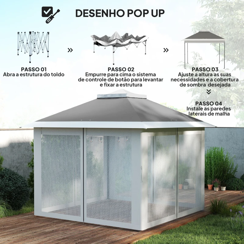 Outsunny Tenda Dobrável 3,3x3,3 m Pop-up Altura Ajustável Teto Duplo Mosquiteiras Removíveis e Bolsa de Transporte Anti-UV Cinzento