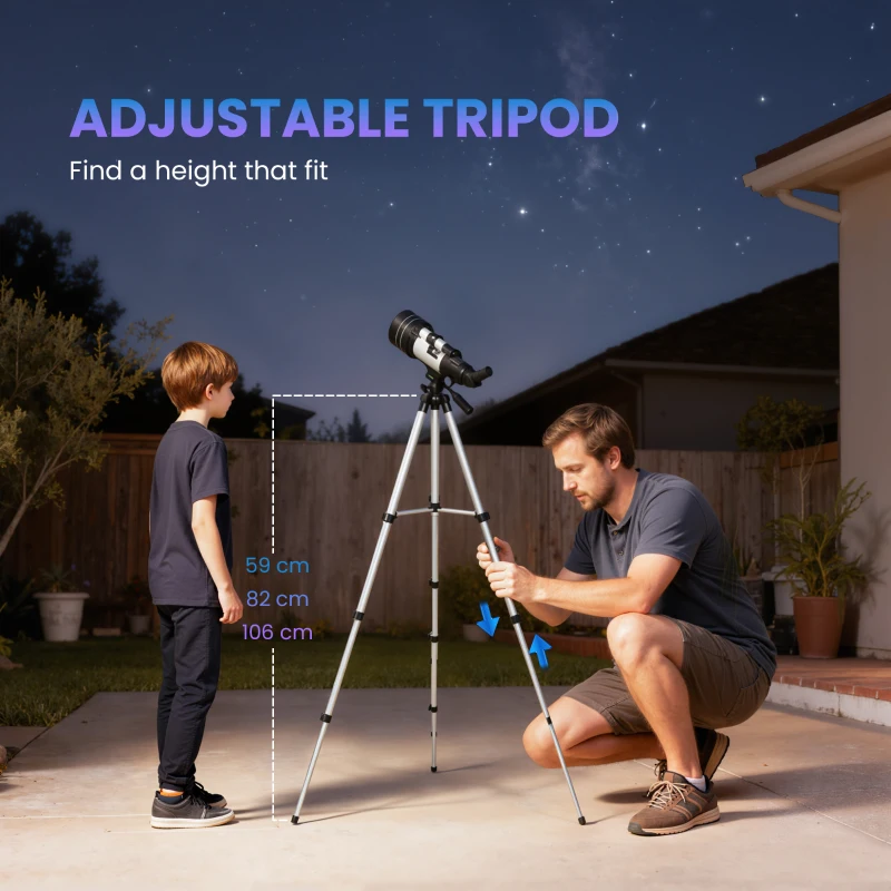 Teleskop Outsunny dla Początkujących Astronomów Dorosłych, Apertura 70mm, Montaż AZ, Refraktor Astronomiczny, Teleskop z Statywem, Biały