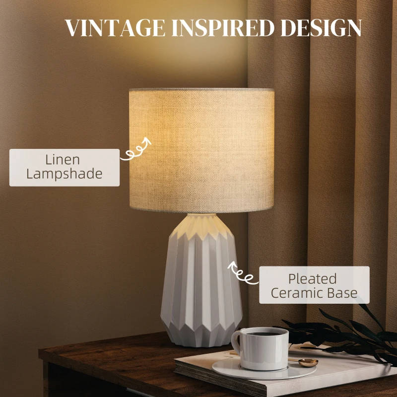 HOMCOM Lampka Stołowa z Abażurem z Lnu, Przełącznik Wippschalter, Ceramiczna Lampka Nocna w Stylu Vintage, E27, Biała
