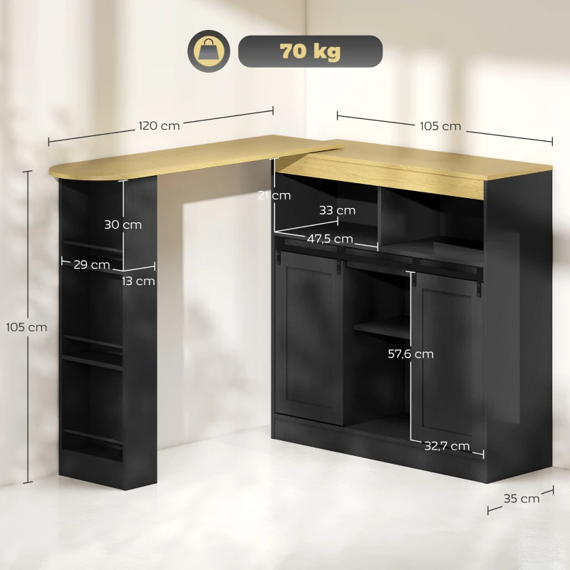 HOMCOM Rozkładany stół barowy, obrotowy o 360°, z przestrzenią do przechowywania, stół bistro, kuchenny z 8 półkami i 2 drzwiami przesuwnymi dla jadalni 187,5 x 35 x 105 cm, Czarny