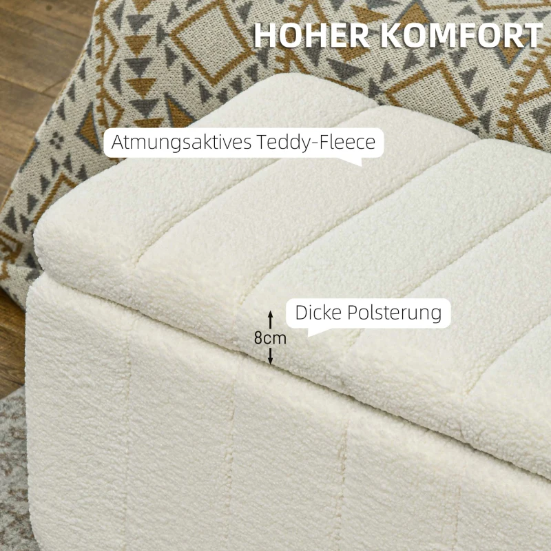 Ławka HOMCOM z miejscem do przechowywania, Ławka tapicerowana wzorem Teddy, Ławka do sypialni z drewnianymi nogami, Ławka do przedpokoju, sypialni, salonu, 102 x 45 x 46 cm, Kremowobiały