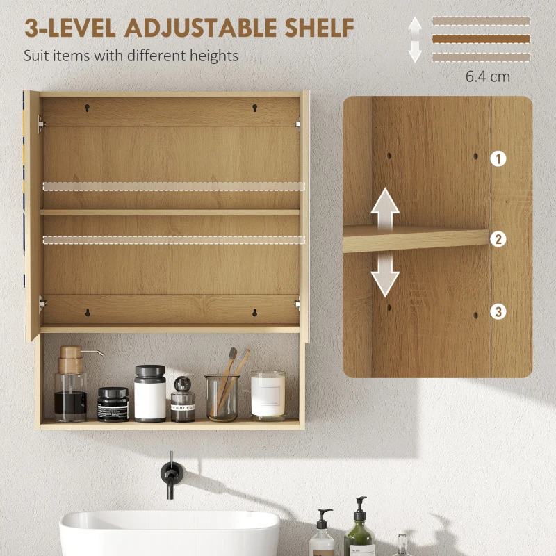 HOMCOM Szafka z lustrem do łazienki, Szafka łazienkowa z funkcją Soft-Close, Szafka z 2 drzwiami, Regulowana półka, Wisząca szafka ścienna, 60 x 16,6 x 75 cm, Dąb