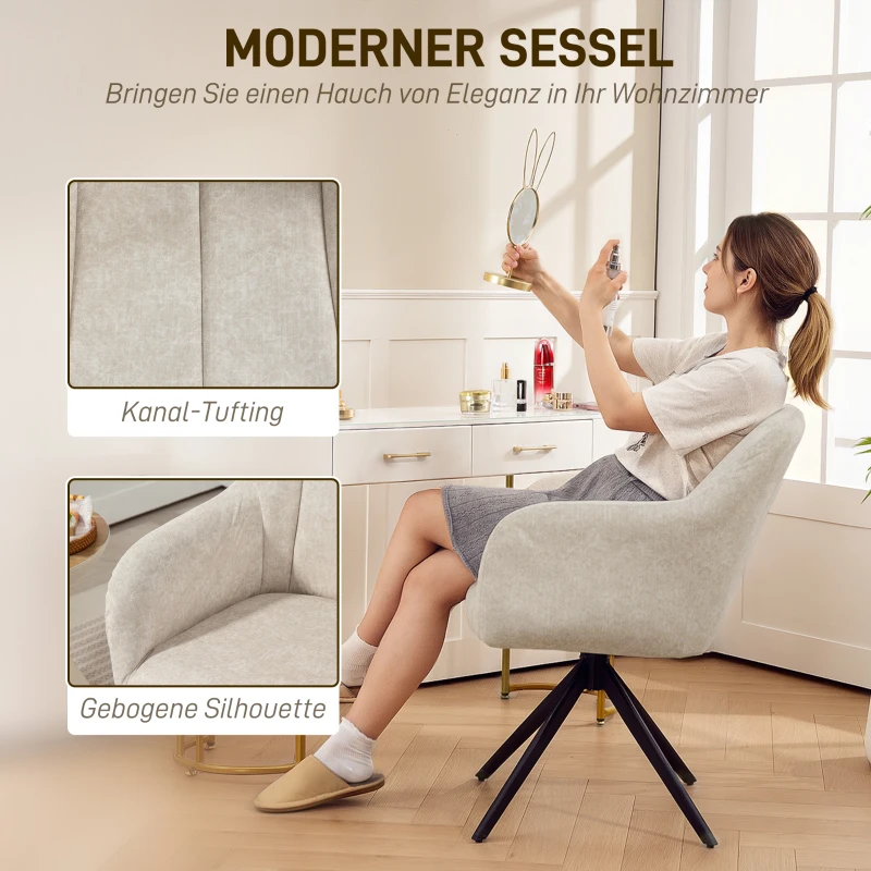 HOMCOM 360° Swivel Accent Chair, Modern Velvet Fabric Armchair, Upholstered Tufted Vanity Chair with Steel Legs for Living Room, Bedroom, Home Office, Beige