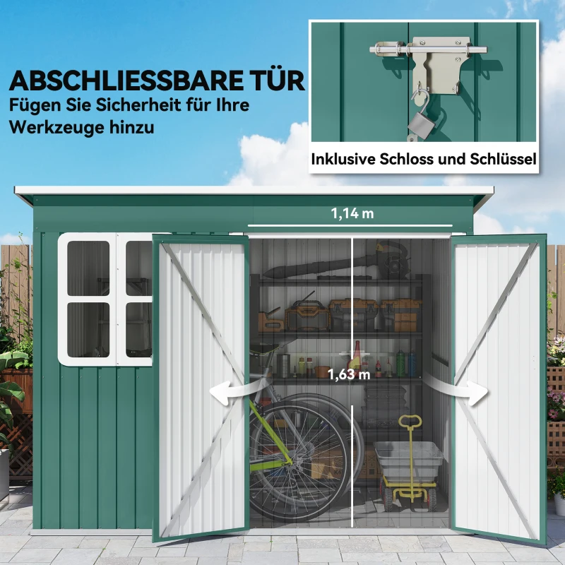 Outsunny Metalowy schowek do przechowywania narzędzi ogrodowych, z oknem, szerokie drzwi, 260 x 177 x 190 cm, zielony