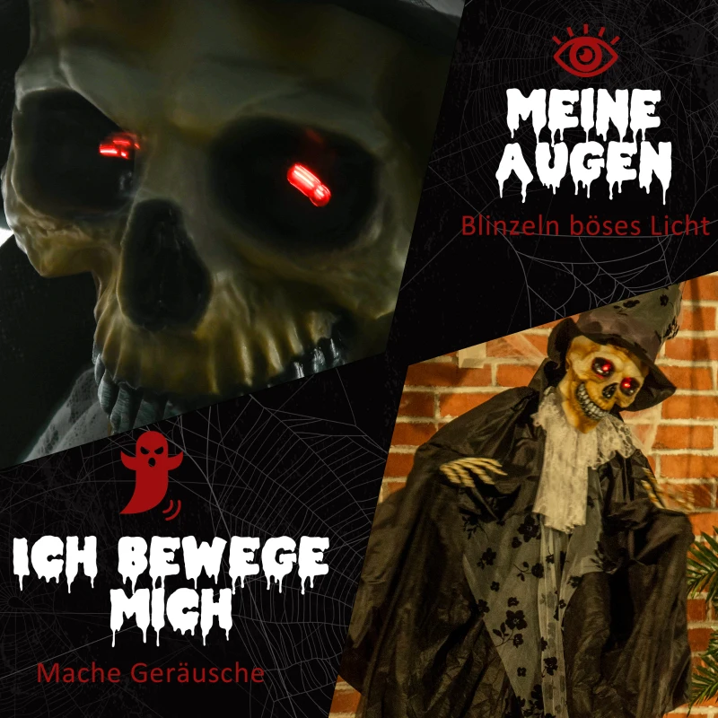 Outsunny 183cm Dekoracja Halloween Ruchomy Duch Pana Młodego w Naturalnej Wielkości z Szkieletem, Miga Oczami i Efektami Specjalnymi oraz Funkcją Dźwiękową