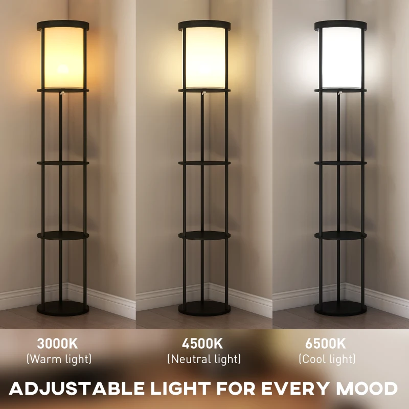 HOMCOM Lampa stojąca do salonu z 3 okrągłymi półkami, abażur z materiału, 3 kolory światła, wyłącznik nożny, czarna