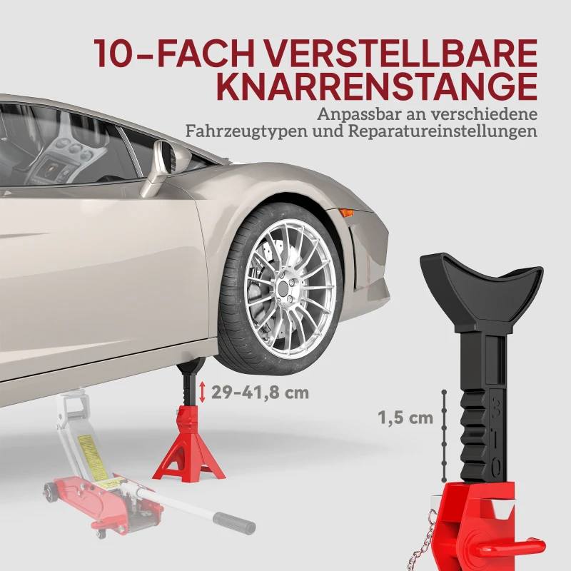 HOMCOM Podnośnik 3 tony Udźwig 2 sztuki Włącznie z Zabezpieczeniem Splintowym Regulacja Wysokości 10-poziomowa 290 mm do 410 mm Podnośniki Samochodowe Stojaki do Warsztatu Garażu Czerwone