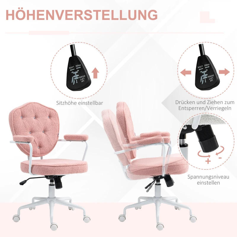 HOMCOM Cute Home Office Chair, Computer Desk Chair with Button Tufted, Teddy Bear Fleece Swivel Vanity Chair, Pink