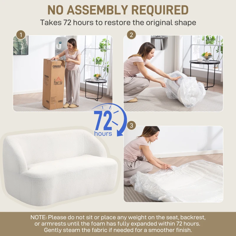 HOMCOM Modern 2 Seater Sofa, 142cm Loveseat with Curved Design, Upholstered Sherpa Fleece Small Sofa for Living Room, Bedroom, Home Office, No Assembly Required, Cream White