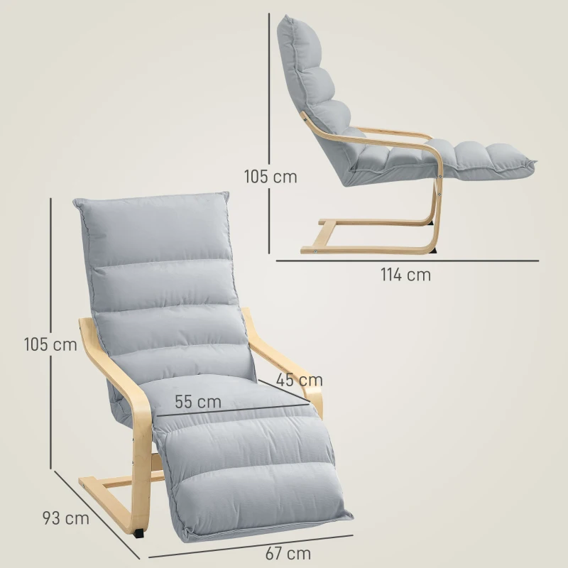 HOMCOM Birch Wood Lounge Chair, Upholstered Recliner Lounge Seat with Adjustable Footrest, Modern Armchair for Living Room, Bedroom, Balcony, Office, Light Grey