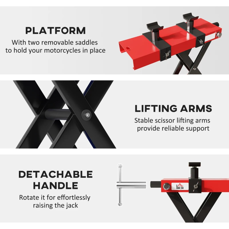 HOMCOM 500 kg Motorcycle Scissor Lift Jack, Heavy Duty Steel Adjustable Motorbike Lifting Hoist Stand, Foldable Lifter for Dirt Bike Repair Maintenance, 45 x 15 cm Large Platform, Red