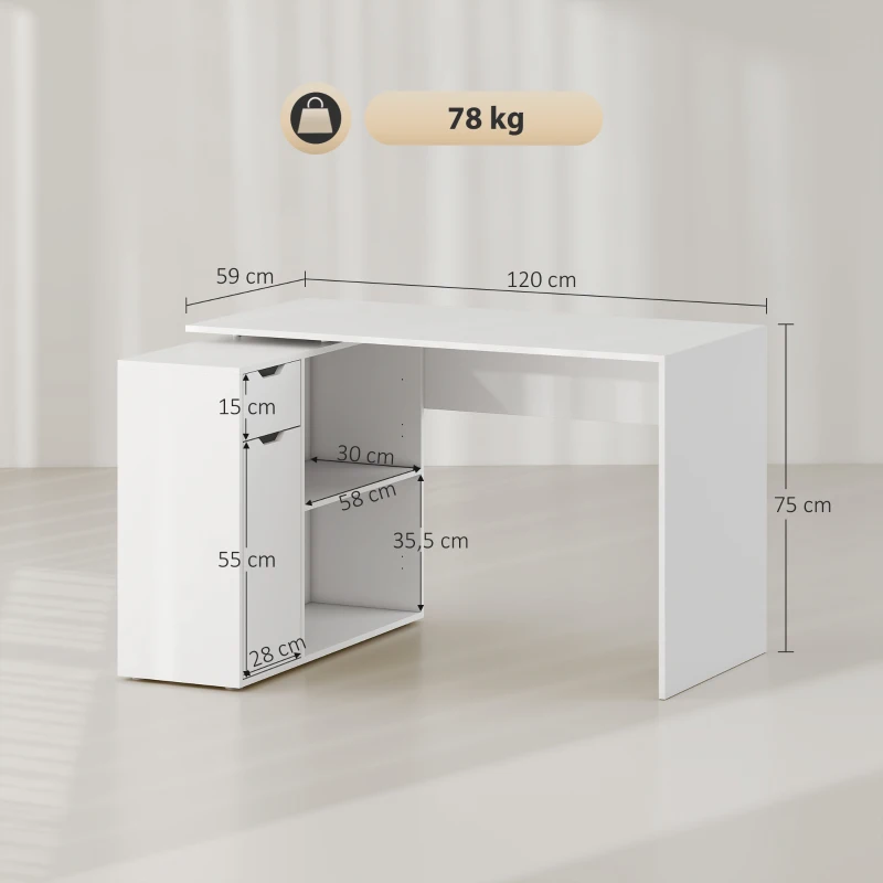 HOMCOM Biurko narożne w kształcie litery L, biurko komputerowe z otwartymi półkami, szufladą, drzwiami, biurko narożne na dokumenty formatu A4, biuro, pokój pracy, 120 x 96 x 75 cm, białe