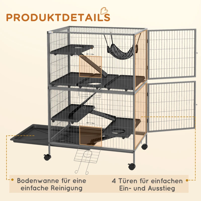 PawHut kooi voor kleine huisdieren met hangmatten 4 verdiepingen XXL-kooi geschikt voor hamsters kleine huisdieren cavia's metaal kunststof zilver + grijs 80 x 52 x 128 cm