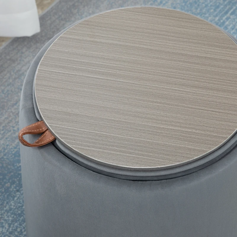 HOMCOM 2w1 Ottomane Pufa Podnóżek Okrągły Podnóżek z pojemnikiem, odpinaną pokrywą z aksamitu Stolik Narożny do Salonu Sypialni Szary Ø44 cm x 47,5 cm