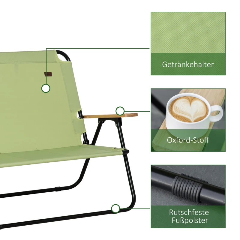Outsunny campingstoel 2-zits opvouwbare draagbare tuinstoel regisseursstoel klapstoel met bekerhouder voor outdoor picknick wandelen max. belasting 160 kg groen 141 x 67 x 80 cm