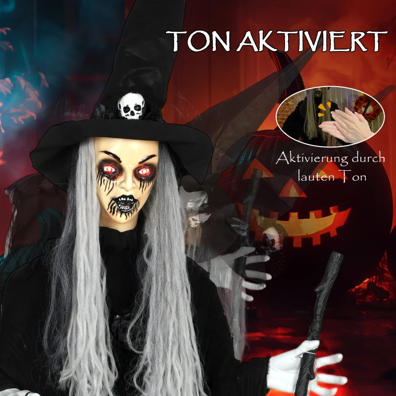 Outsunny 170 cm Dekoracja na Halloween Czarownica z LED, Funkcją Dźwiękową, Dekoracja Drzwi z Regulowanymi Rękami, Głową, Figura Ogrodowa w Naturalnej Wielkości na Imprezę