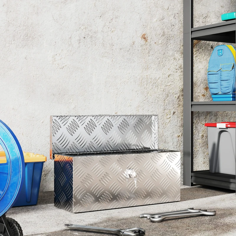 HOMCOM Skrzynka na narzędzia z aluminium z zamkiem i kluczami, Skrzynka na narzędzia do ciężarówki, Skrzynia do przechowywania dla przyczepy, 50 x 15,5 x 20,5 cm