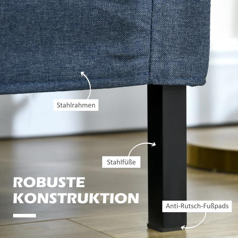 Sofa 2-osobowe, len, stalowe nogi, ciemnoniebieskie