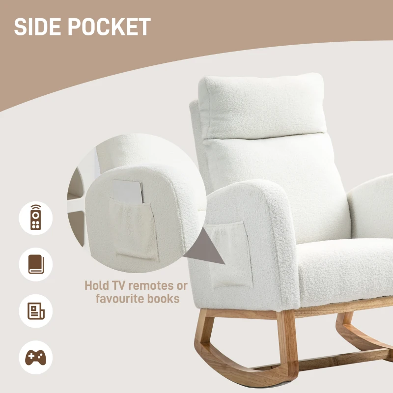 HOMCOM Fotel bujany, fotel z podłokietnikami, fotel do karmienia z wyglądem aksamitu, fotel bujany do 120 kg, do sypialni, salonu, kremowy