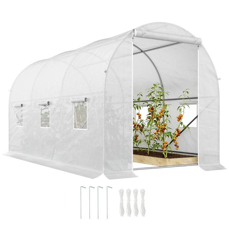 Outsunny 3.5 x 2 x 2 m Polytunnel Greenhouse, Walk-in Green House for Garden with Mesh Windows, Galvanised Steel Frame, White