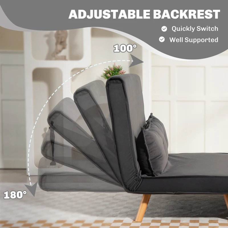 HOMCOM 2 Seater Sofa Bed, Click Clack Convertible Bed Settee with Adjustable Backrest, Modern Velvet Feel Fabric Sofa Couch with Pillows for Living Room, Bedroom, Guest Room, Charcoal Grey