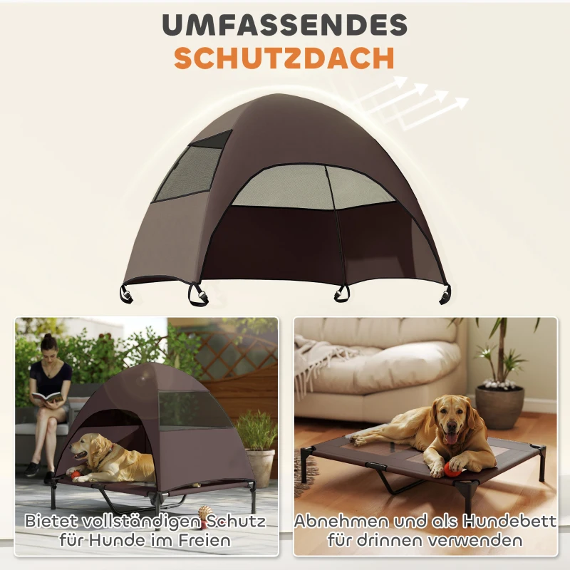 PawHut Elevated Dog Bed with Removable Canopy, Pet Bed with Storage Bag for Indoor Outdoor, for Medium Large Dogs, 91 x 76 x 90 cm, Coffee