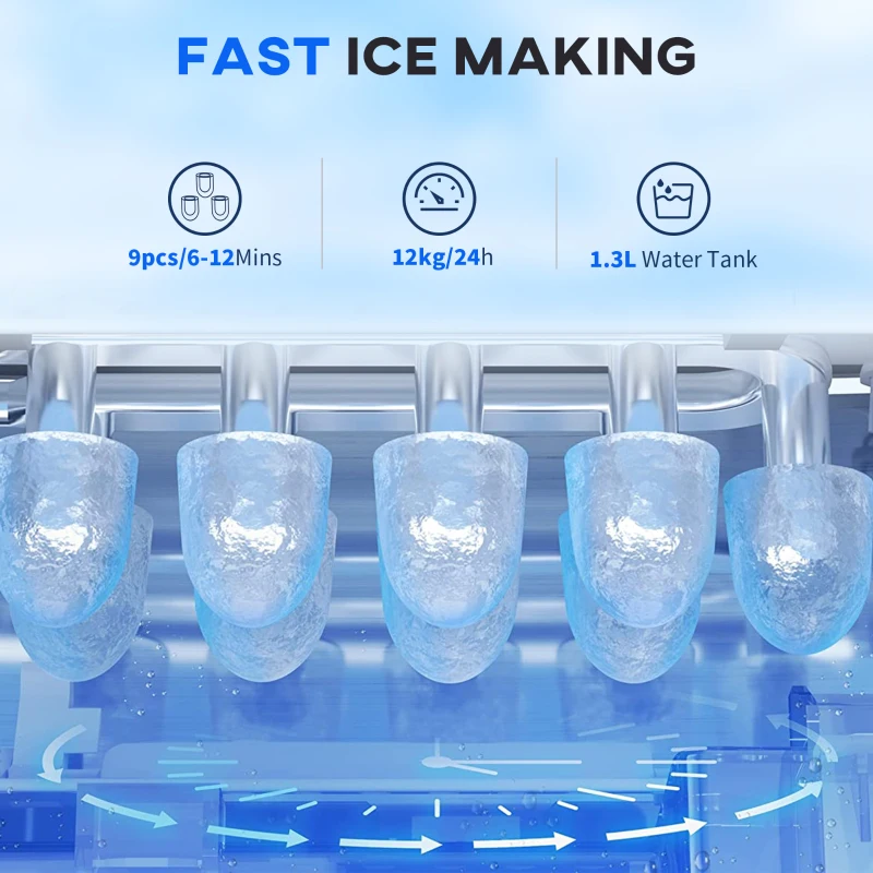 Maszyna do lodu, 9 kostek w 6-12 minut, szybkie chłodzenie
