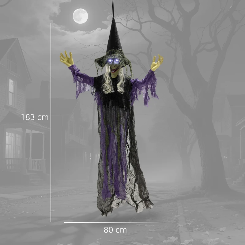 Outsunny 183 cm Wisząca Czarownica na Halloween z LED, Funkcją Dźwiękową, Dekoracja Drzwi z Regulowanymi Ramionami, Figura Ogrodowa w Naturalnej Wielkości na Imprezę