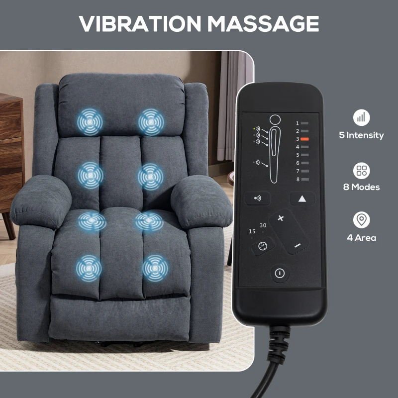 HOMCOM Fotel telewizyjny z funkcją pomocy przy wstawaniu, fotel relaksacyjny z funkcją leżenia i masażu, sterowany pilotem, z boczną kieszenią, w lnianej optyce, ciemnoszary