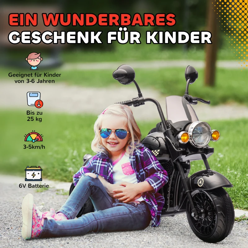AIYAPLAY Electric Motorcycle for Kids, 3 Wheels 6V Battery Powered Motorbike Ride on Motorcycle with Headlights, Music, Reverse Forward, for Boys and Girls Aged 3-6 Years, Black